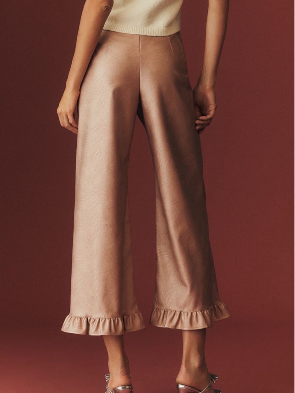 Anthropologie Colette Pants Maeve Cropped Wide Leg Ruffle Faux Leather New 26 - Picture 2 of 10